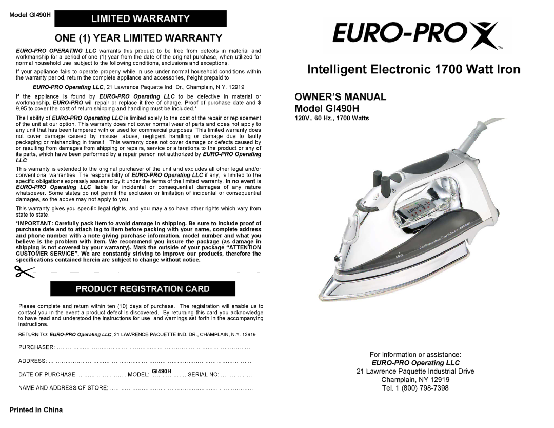 Euro-Pro GI490H owner manual Intelligent Electronic 1700 Watt Iron, ONE 1 Year Limited Warranty 