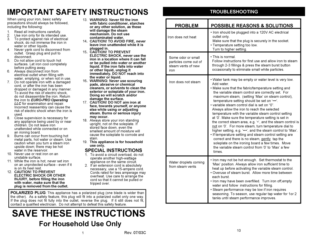 Euro-Pro GI490H owner manual Important Safety Instructions, For Household Use Only 