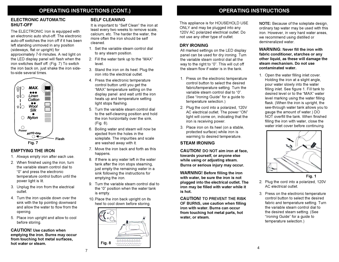 Euro-Pro GI490H owner manual Electronic Automatic SHUT-OFF, Emptying the Iron, Self Cleaning, DRY Ironing, Steam Ironing 