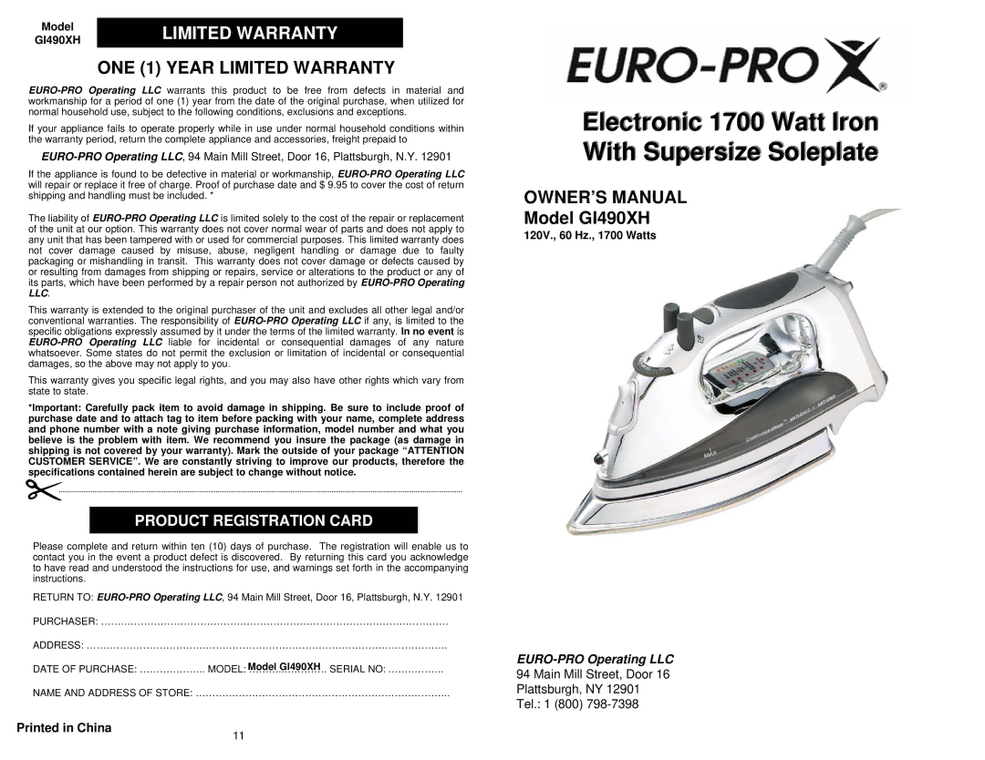 Euro-Pro GI490XH owner manual Limited Warranty, Product Registration Card 