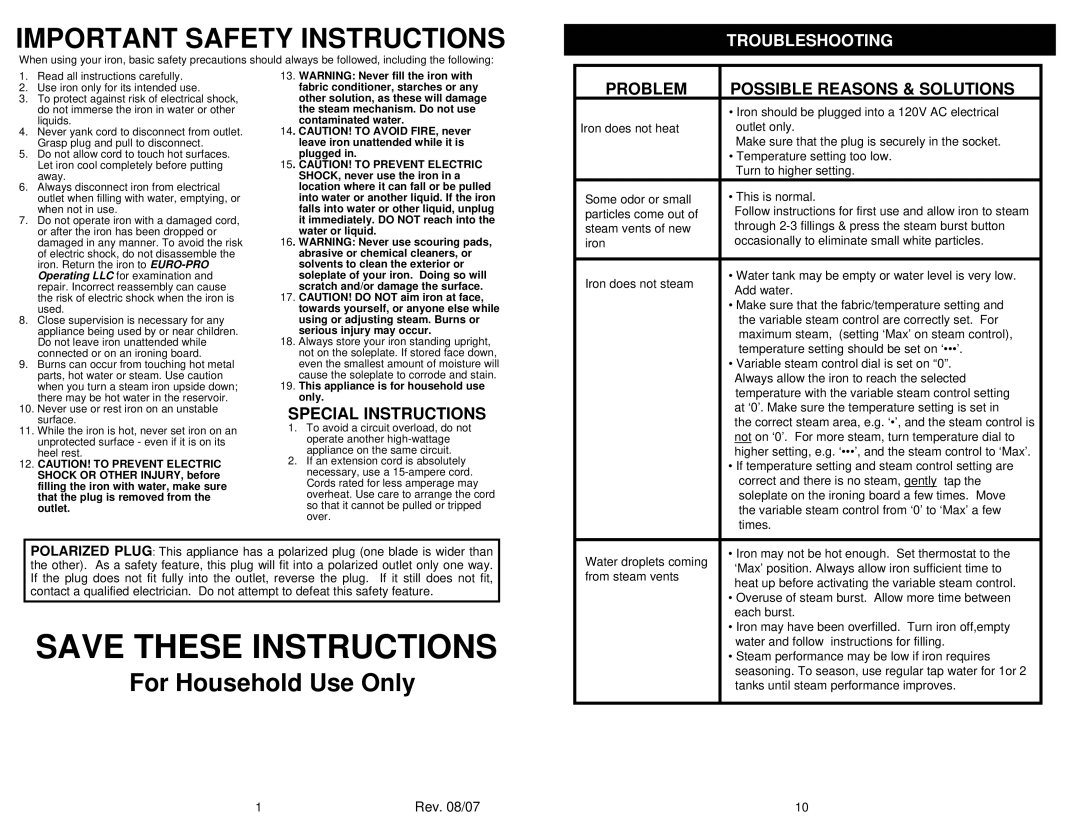 Euro-Pro GI490XH owner manual Important Safety Instructions 