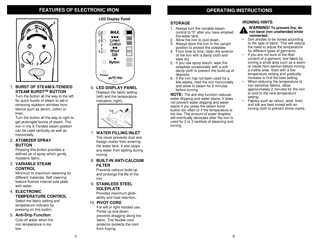 Euro-Pro GI490XH owner manual Features of Electronic Iron Operating Instructions 