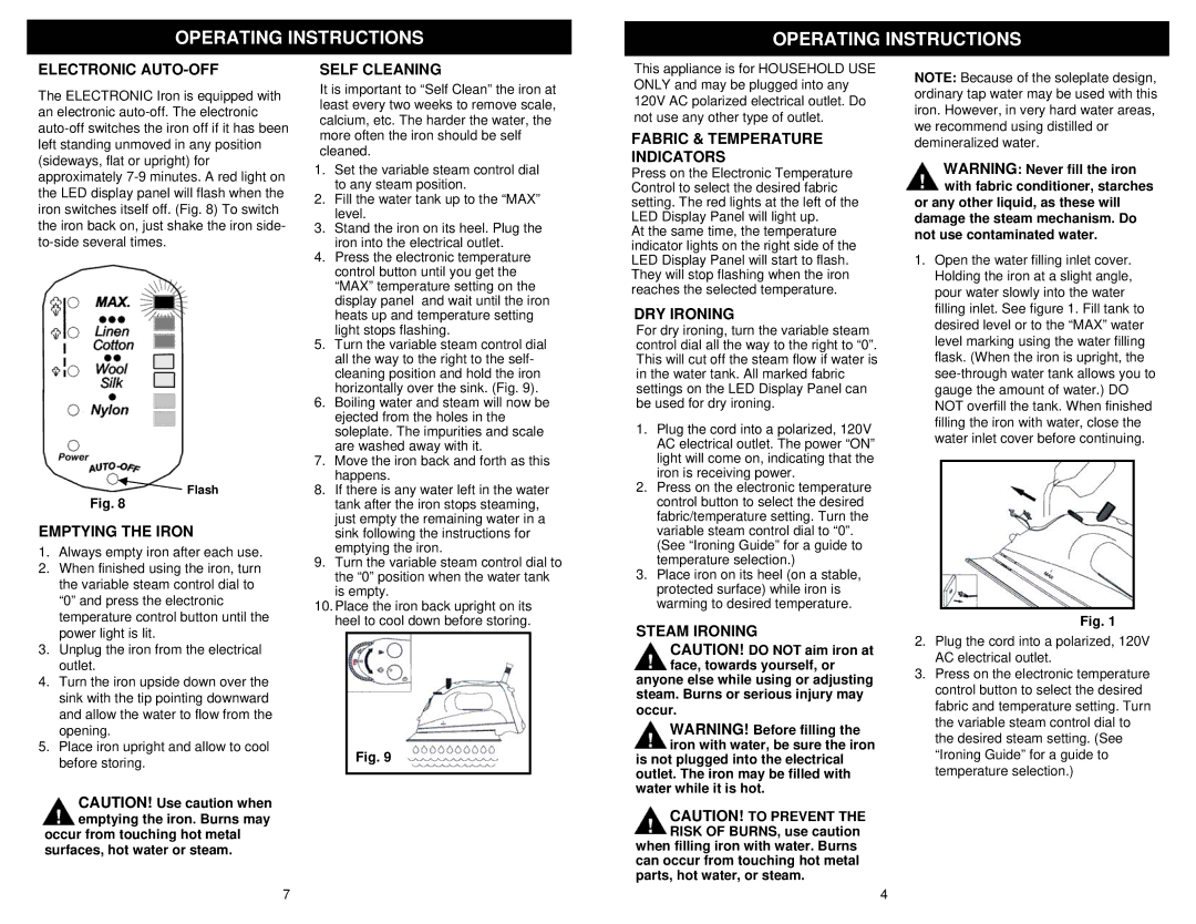 Euro-Pro GI490XH Electronic AUTO-OFF, Emptying the Iron, Self Cleaning, Fabric & Temperature Indicators, DRY Ironing 