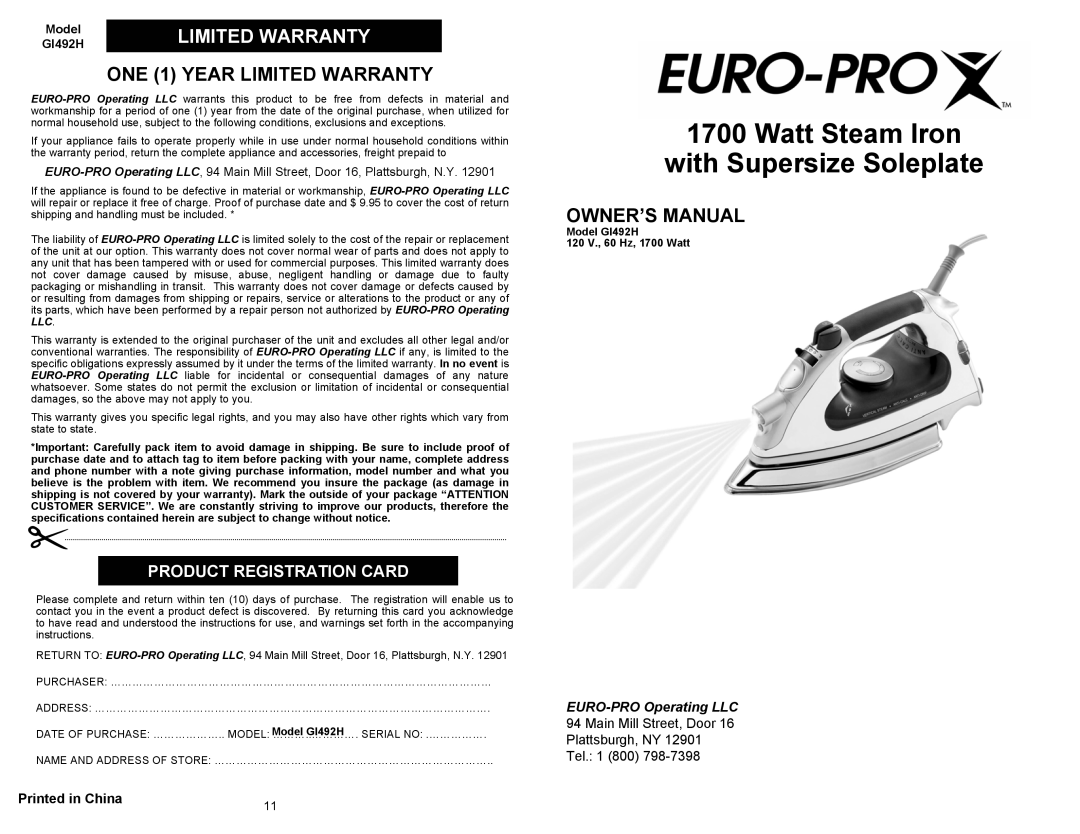 Euro-Pro GI492H owner manual Watt Steam Iron with Supersize Soleplate, Product Registration Card, Limited Warranty 