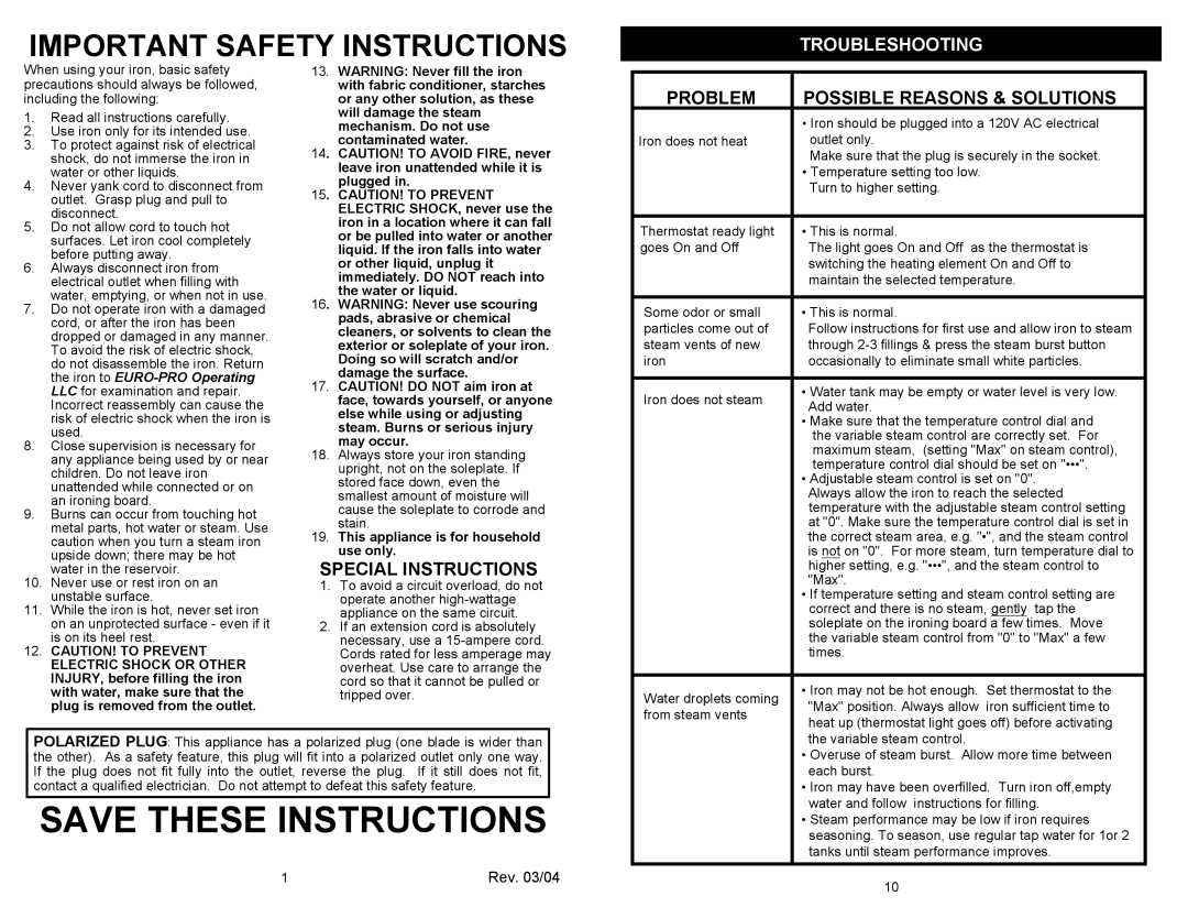 Euro-Pro GI492H Important Safety Instructions, Special Instructions, Problem, Possible Reasons & Solutions, Rev. 03/04 