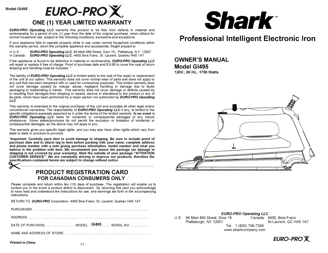 Euro-Pro owner manual Professional Intelligent Electronic Iron, For Canadian Consumers only, Model GI495 