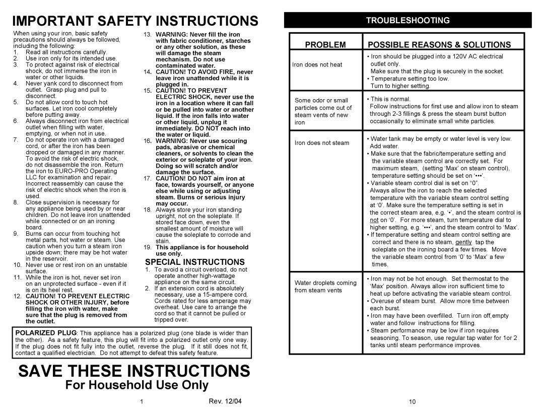 Euro-Pro GI495 owner manual For Household Use Only, Special Instructions, Problem Possible Reasons & Solutions 