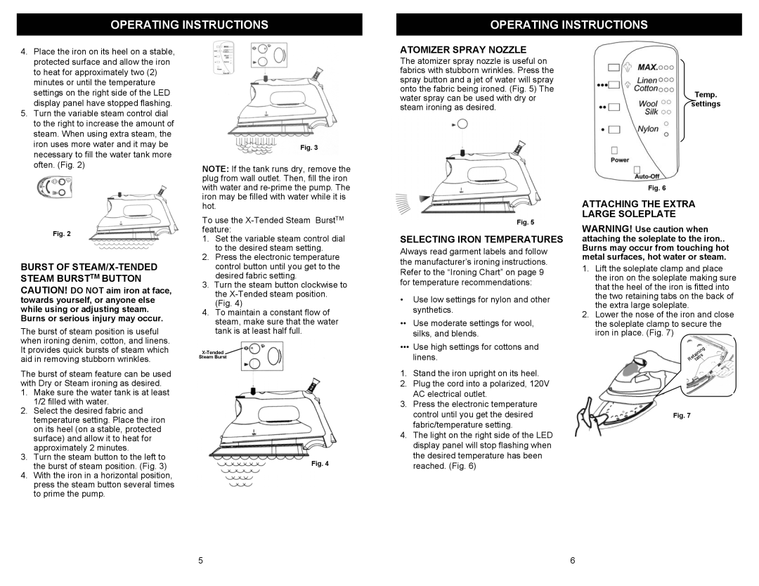 Euro-Pro GI495 owner manual Atomizer Spray Nozzle, Selecting Iron Temperatures, Attaching the Extra Large Soleplate 