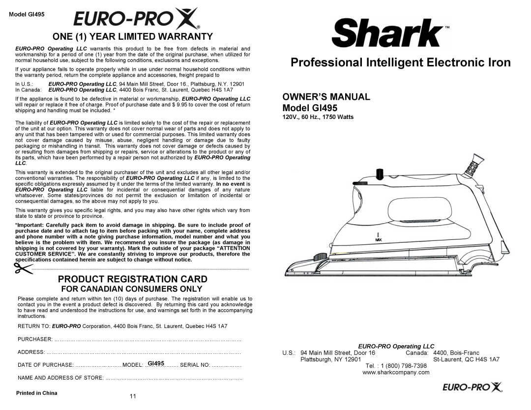 Euro-Pro GI495 owner manual Professional Intelligent Electronic Iron, For Canadian Consumers Only, EURO-PRO Operating LLC 