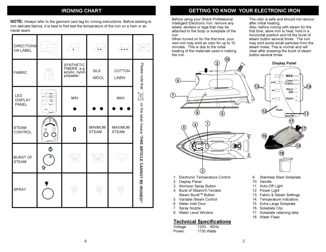 Euro-Pro GI495 owner manual Ironing Chart, Getting To Know Your Electronic Iron, Technical Specifications 