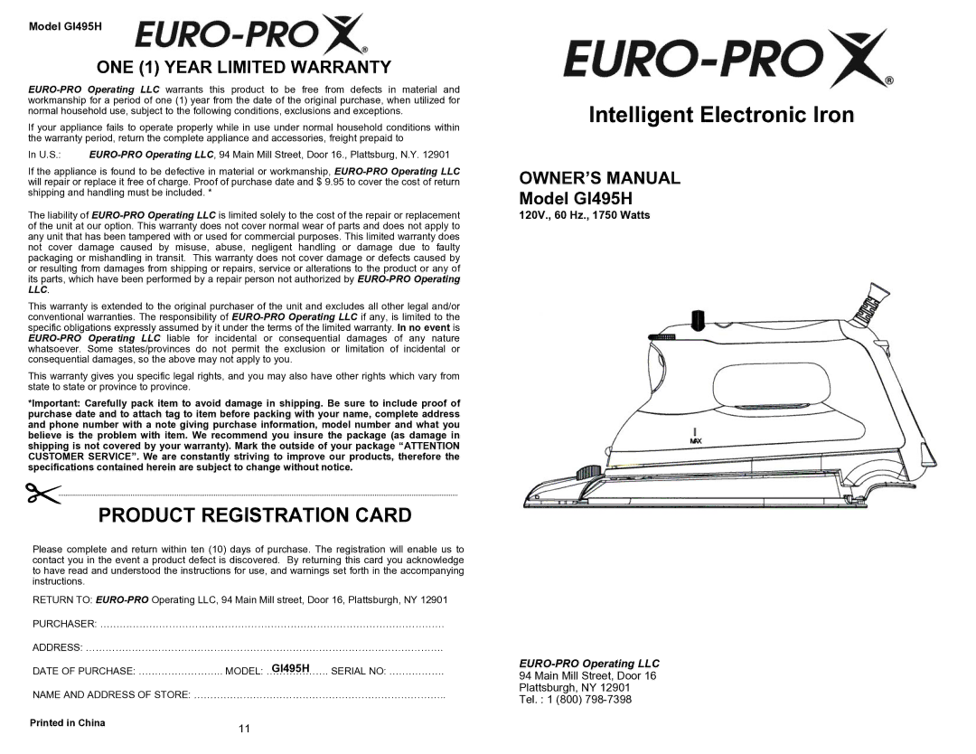 Euro-Pro owner manual Intelligent Electronic Iron, Model GI495H, 120V., 60 Hz., 1750 Watts 