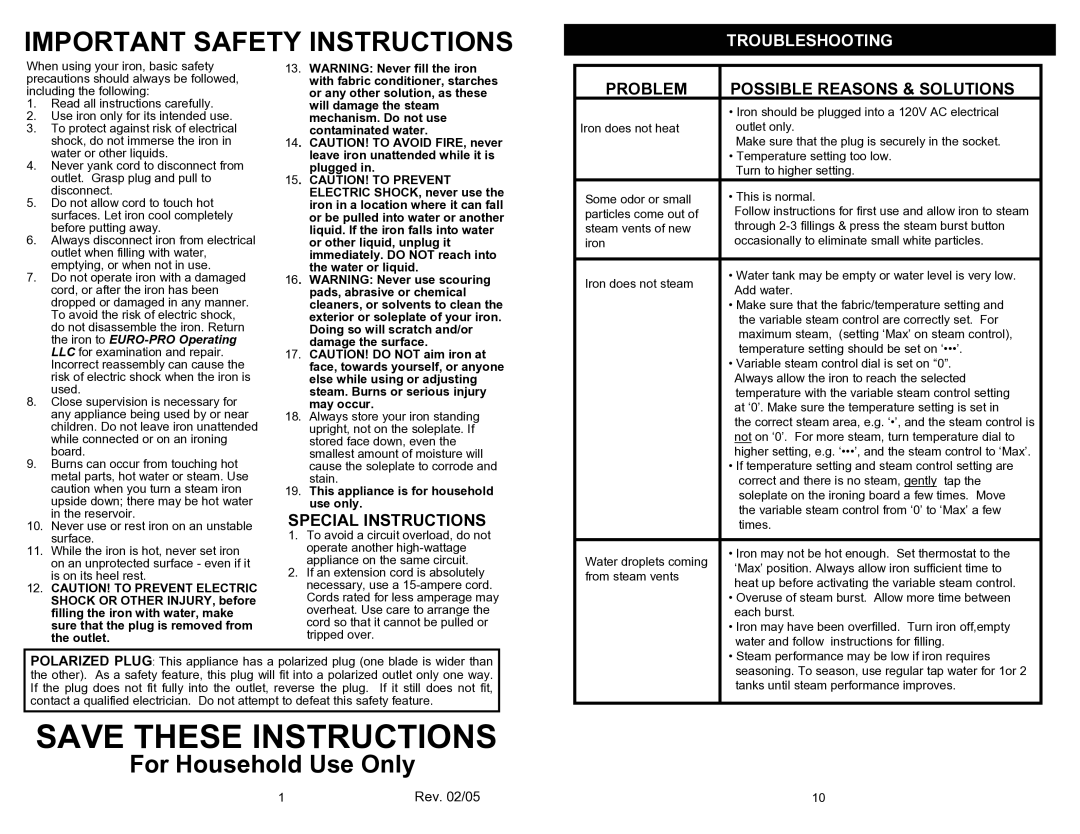 Euro-Pro GI495H owner manual For Household Use Only, This appliance is for household use only 