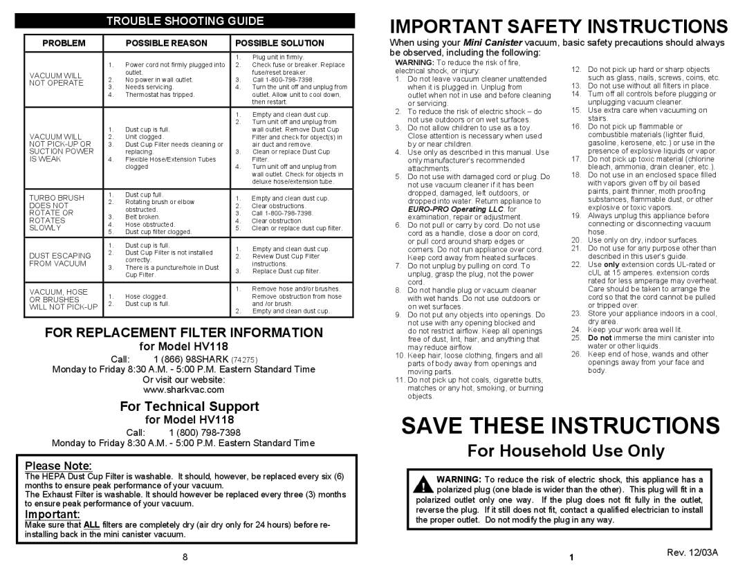 Euro-Pro HV118 owner manual Important Safety Instructions, For Technical Support 