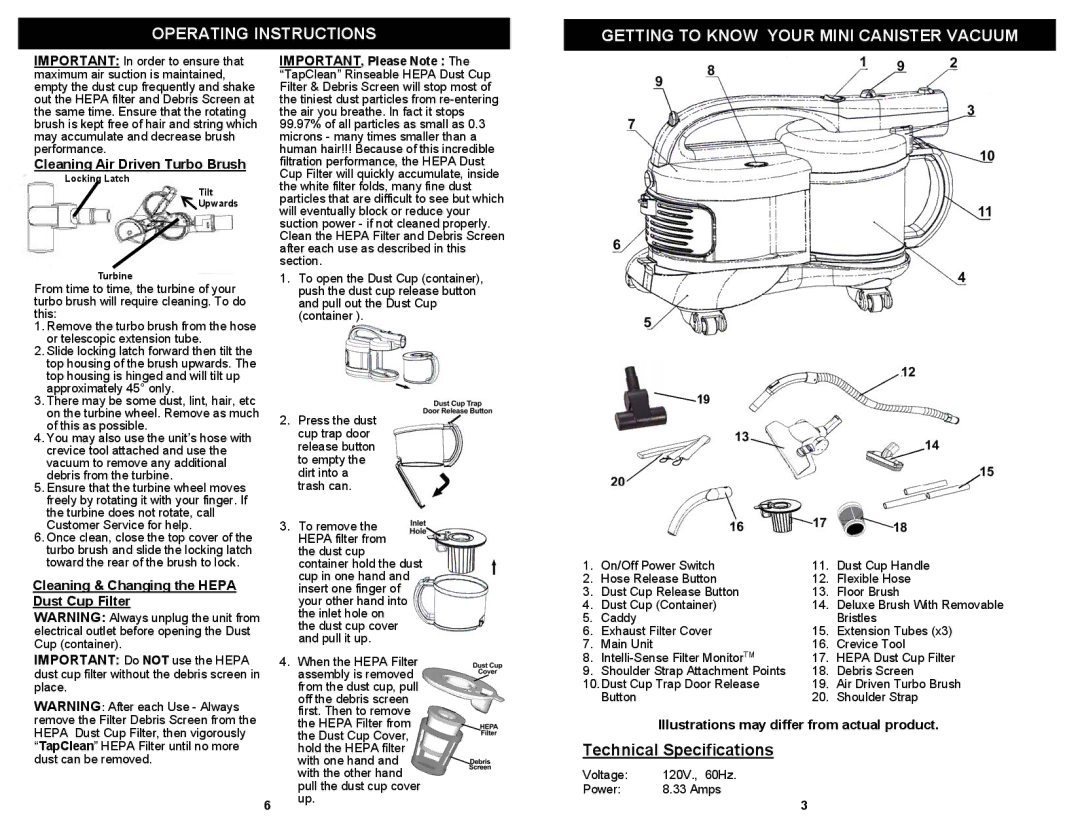 Euro-Pro HV118 owner manual Cleaning Air Driven Turbo Brush, Cleaning & Changing the Hepa Dust Cup Filter 