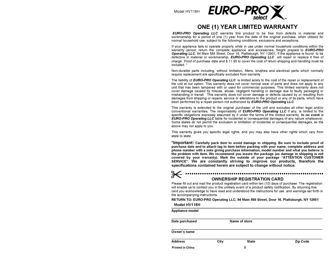 Euro-Pro ONE 1 YEAR LIMITED WARRANTY, Ownership Registration Card, Model HV118H, Appliance model, Owner’s name, Address 