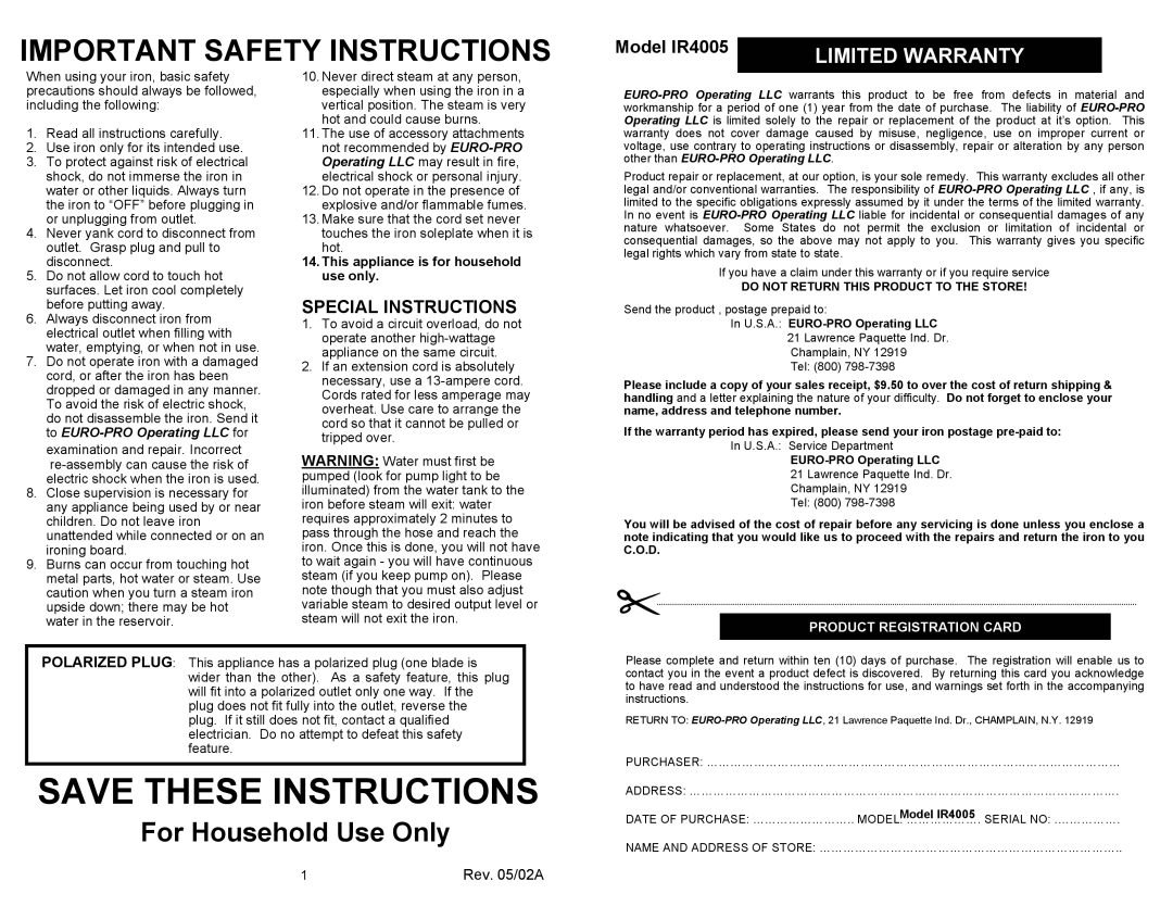 Euro-Pro IR4005 owner manual Important Safety Instructions, Special Instructions 