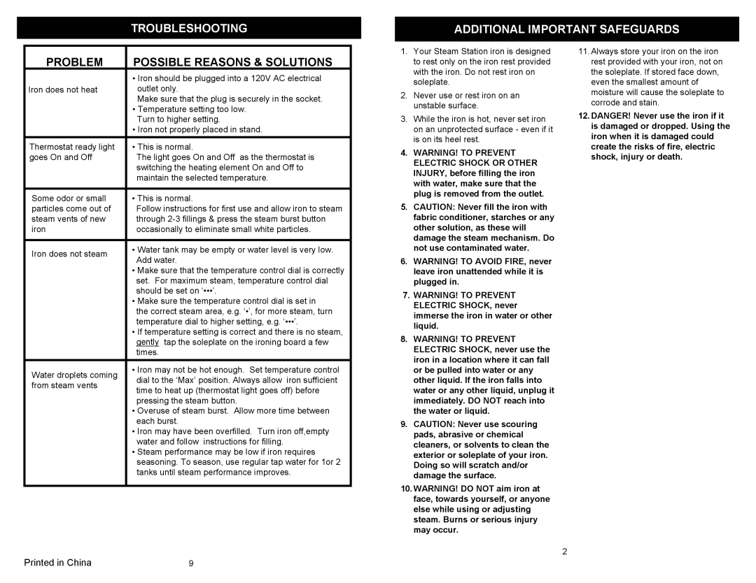 Euro-Pro IR4005 owner manual Additional Important Safeguards, Problem Possible Reasons & Solutions 