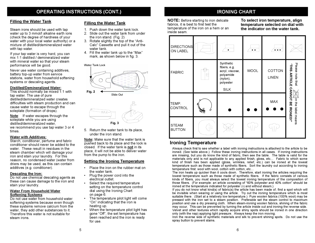 Euro-Pro IR4005 owner manual Operating Instructions Ironing Chart, Filling the Water Tank, Setting the Ironing Temperature 