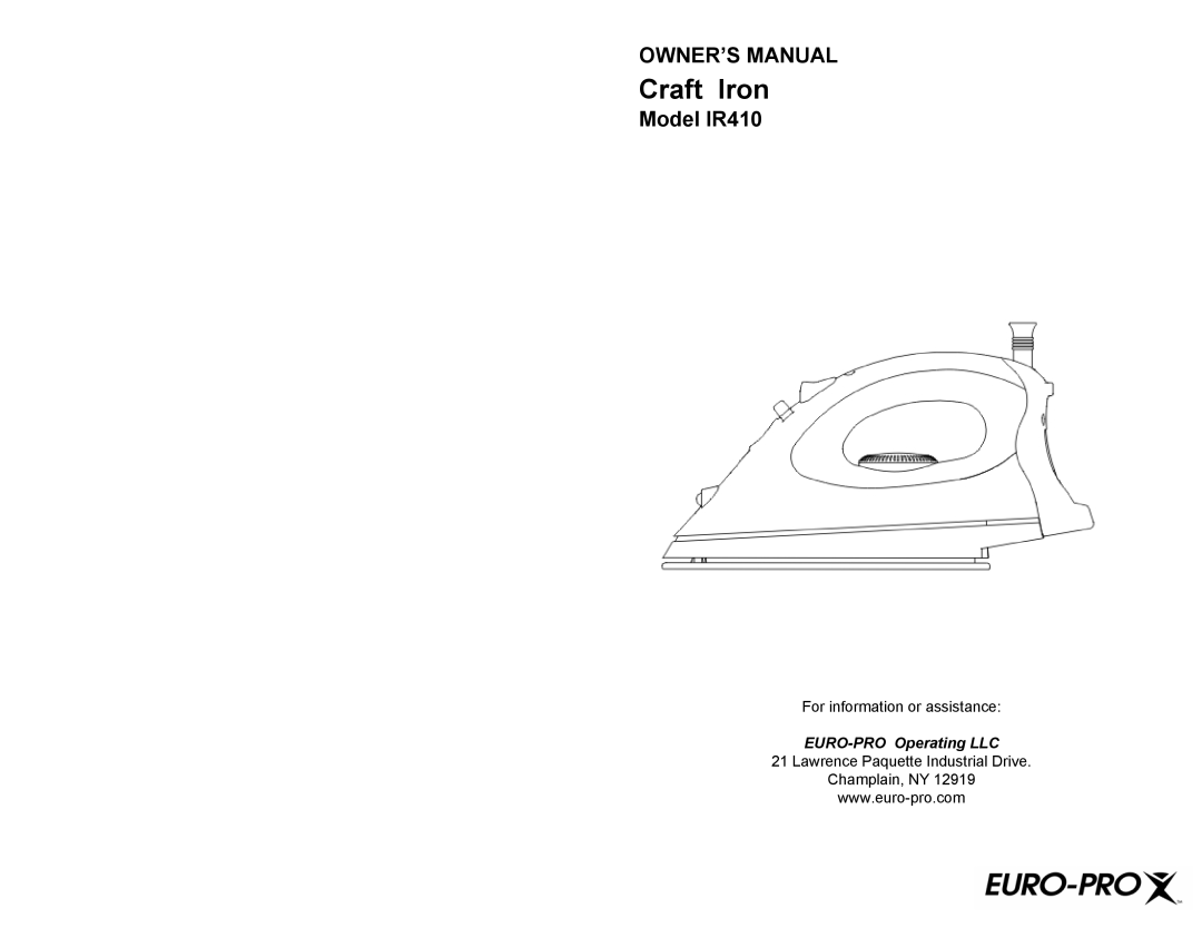 Euro-Pro owner manual Craft Iron, Model IR410 