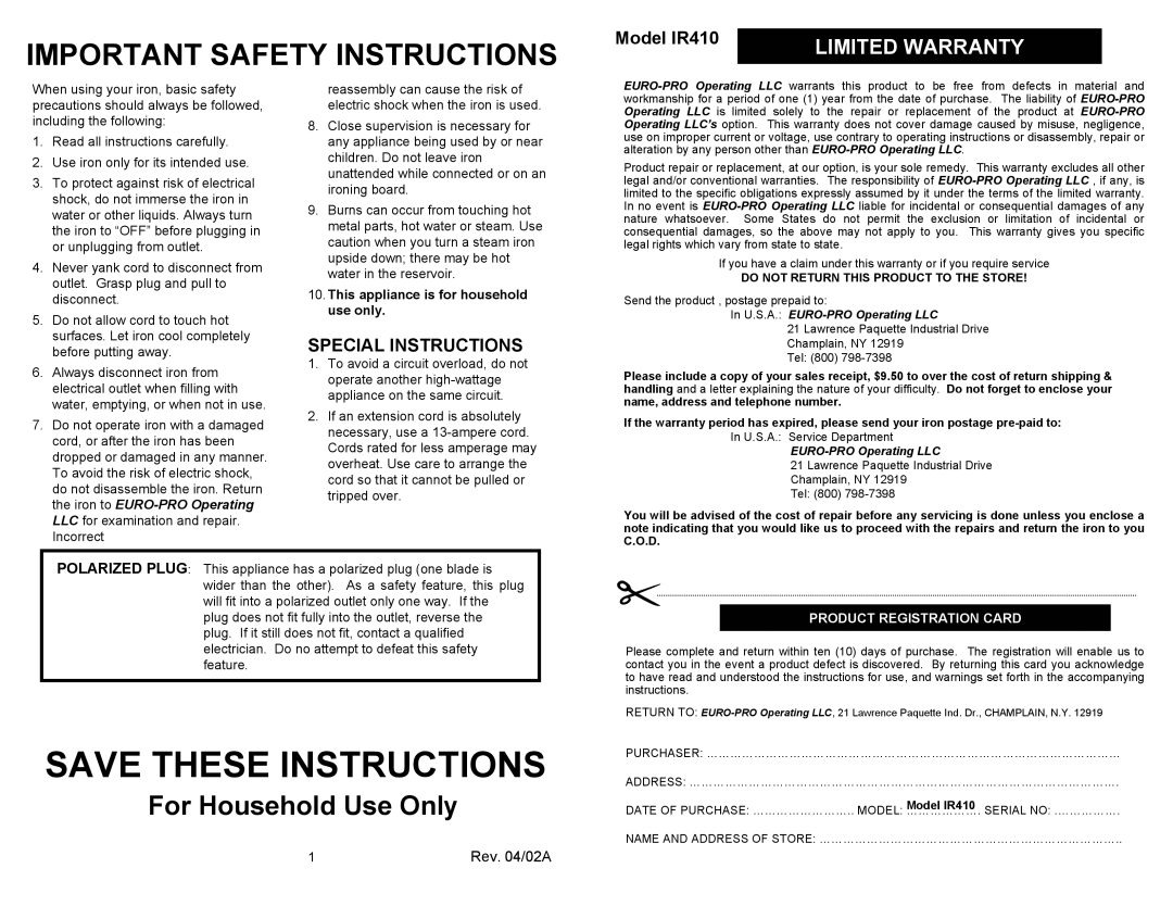 Euro-Pro IR410 owner manual For Household Use Only, Special Instructions 