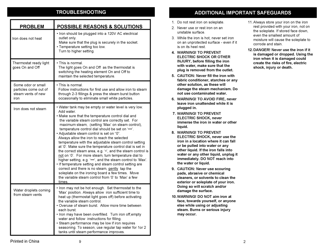 Euro-Pro IR410 owner manual Additional Important Safeguards, Problem Possible Reasons & Solutions 