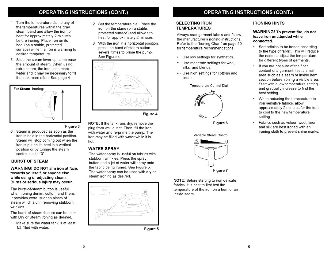 Euro-Pro IR410 owner manual Burst of Steam, Water Spray, Selecting Iron Temperatures, Ironing Hints 