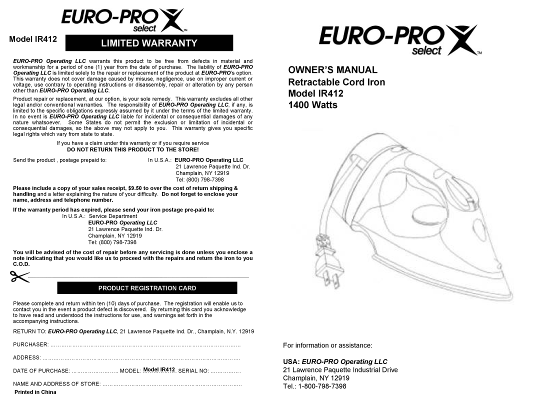 Euro-Pro owner manual Retractable Cord Iron Model IR412 Watts 