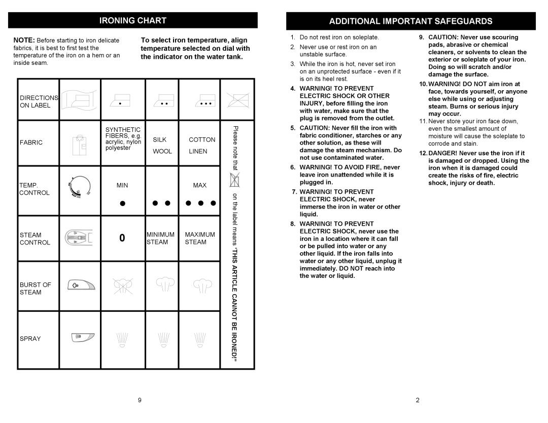 Euro-Pro IR412 owner manual Ironing Chart Additional Important Safeguards, To select iron temperature, align 