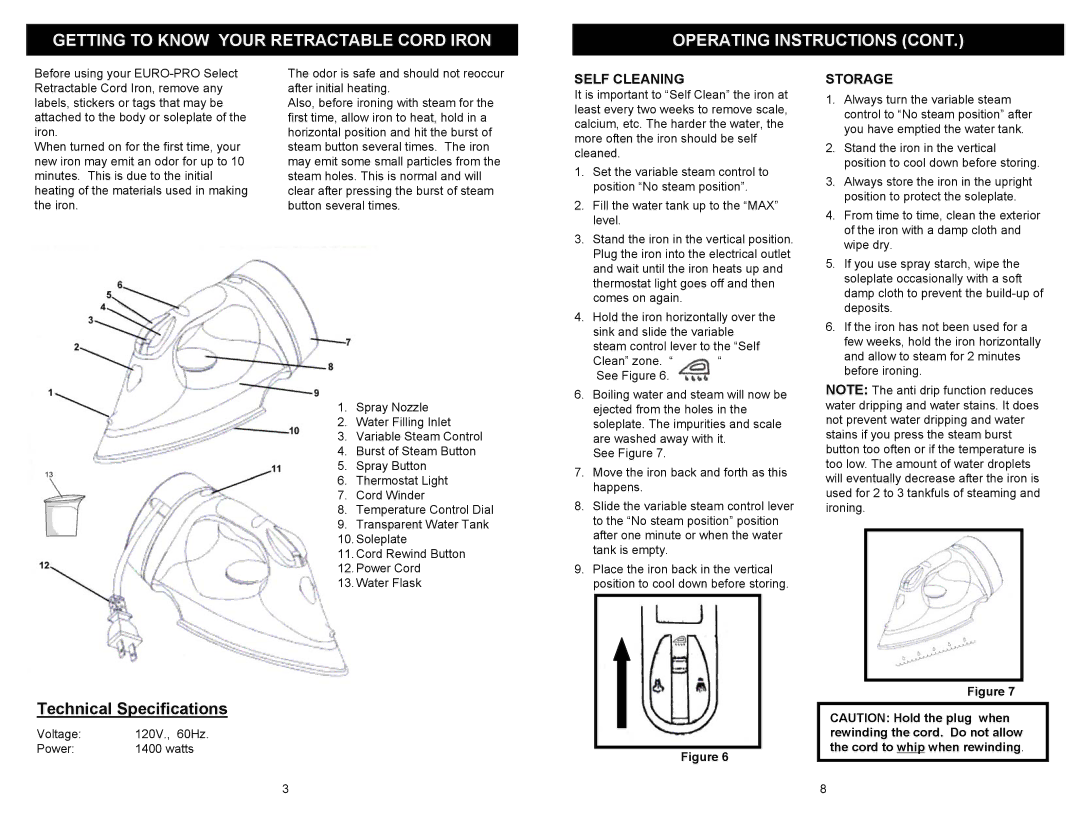 Euro-Pro IR412 owner manual Self Cleaning, Storage 