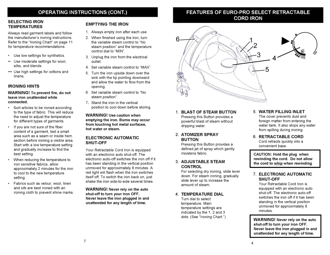 Euro-Pro IR412 owner manual Cord Iron 