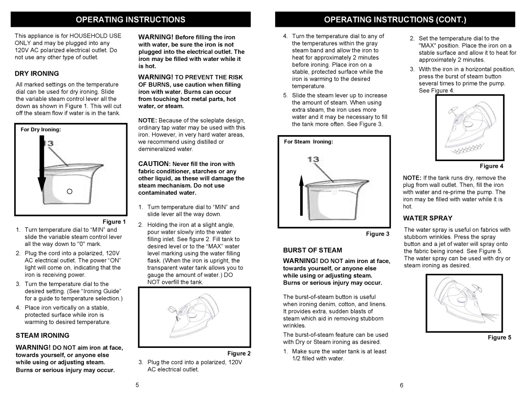 Euro-Pro IR412 owner manual DRY Ironing, Steam Ironing, Burst of Steam, Water Spray 