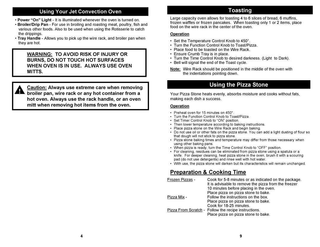 Euro-Pro JO287 owner manual Toasting, Using the Pizza Stone, Preparation & Cooking Time, Operation 