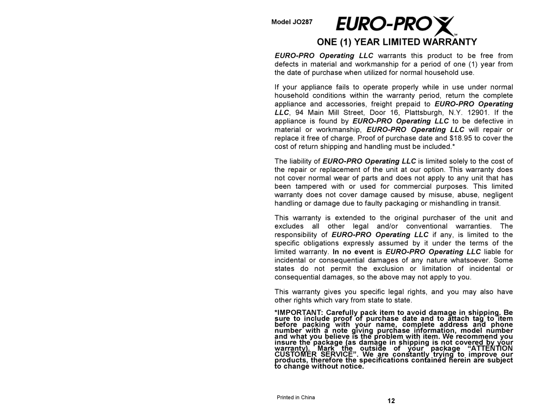 Euro-Pro owner manual ONE 1 YEAR LIMITED WARRANTY, Model JO287 