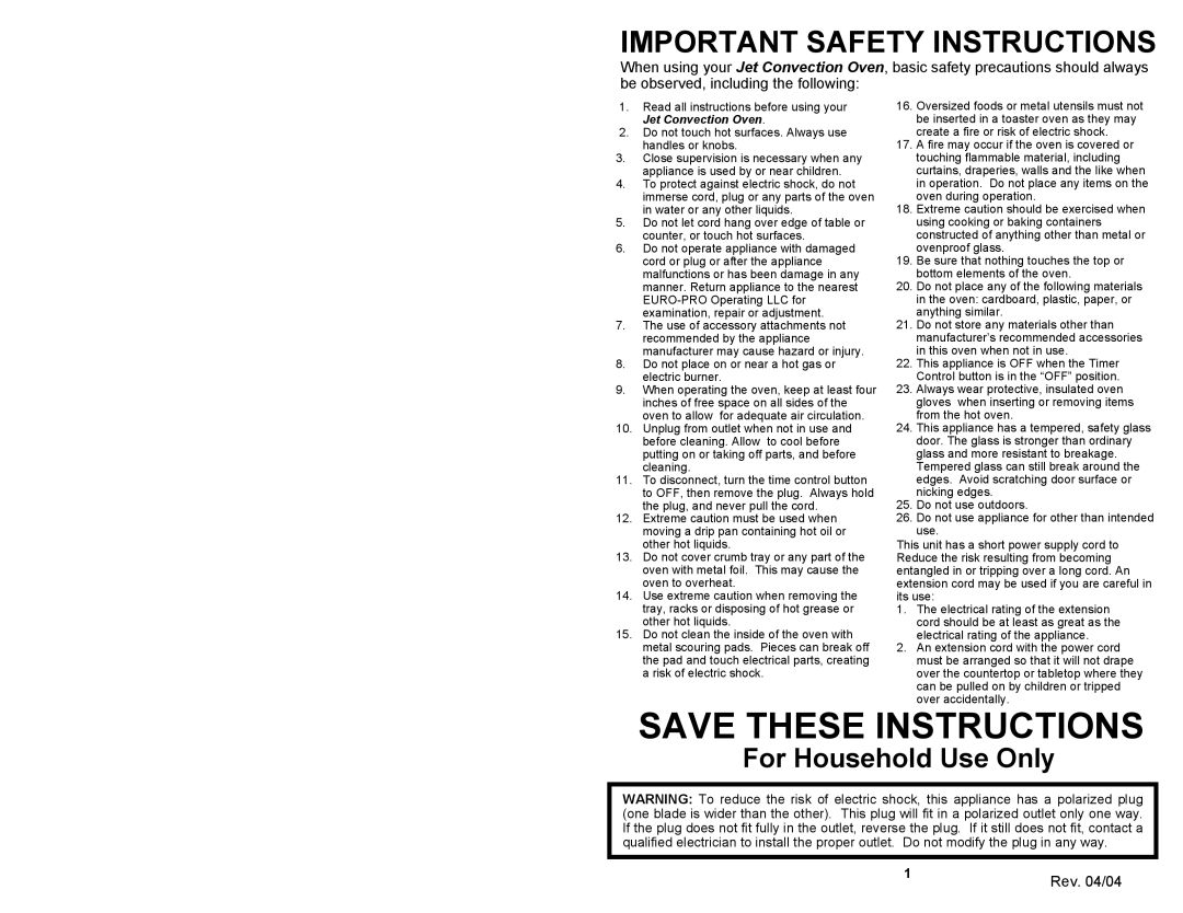 Euro-Pro JO287 Save These Instructions, Important Safety Instructions, For Household Use Only, Jet Convection Oven 