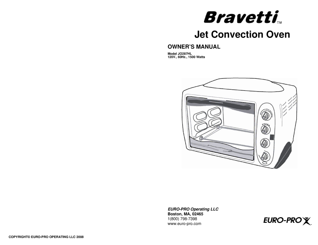 Euro-Pro JO287HL owner manual Jet Convection Oven 