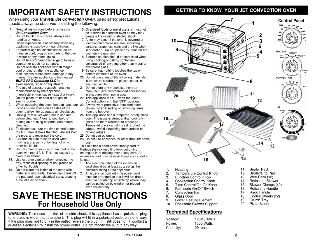 Euro-Pro JO287HL owner manual Technical Specifications, Control Panel 