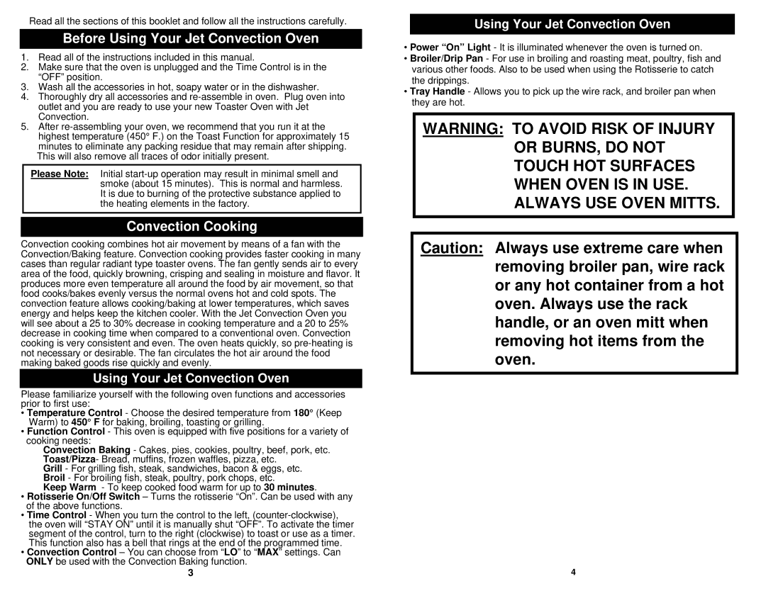 Euro-Pro JO287HL owner manual Before Using Your Jet Convection Oven, Convection Cooking 