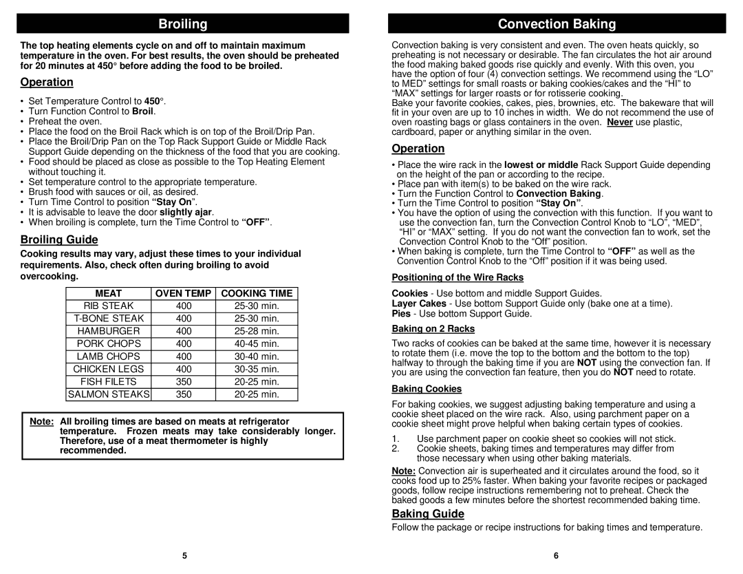 Euro-Pro JO287HL owner manual Convection Baking, Operation, Broiling Guide, Baking Guide 