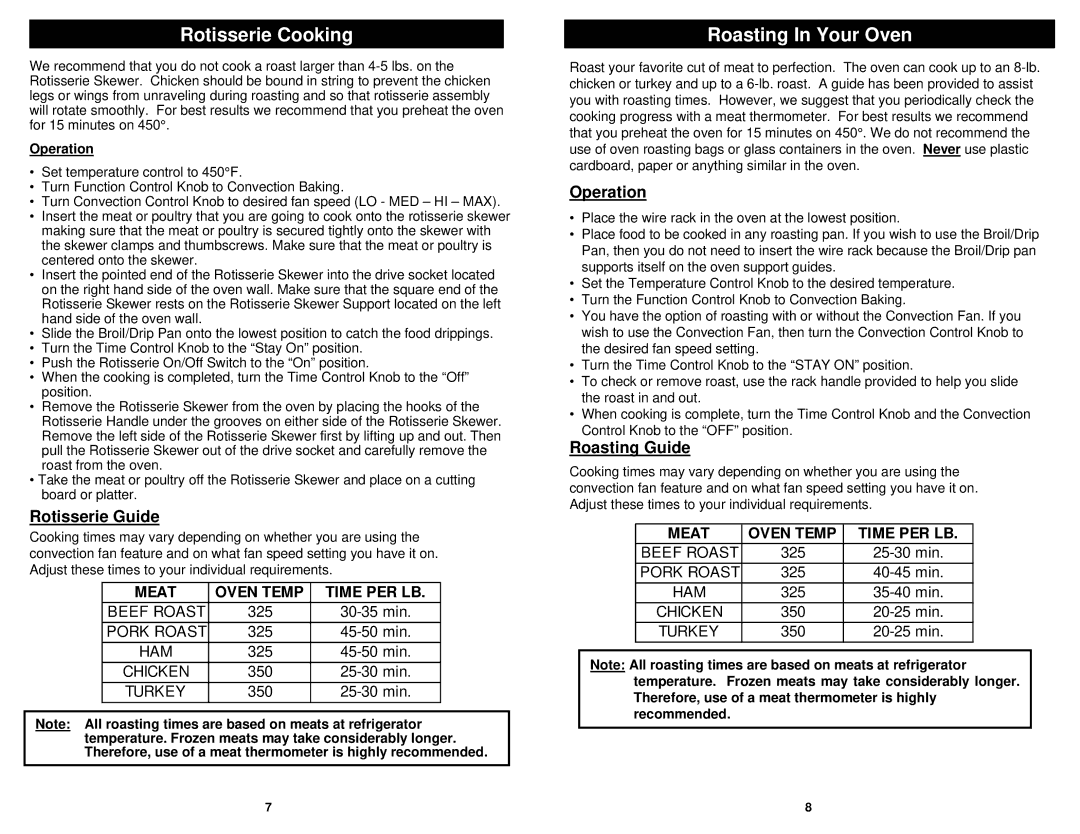 Euro-Pro JO287HL owner manual Rotisserie Cooking, Roasting In Your Oven, Rotisserie Guide, Roasting Guide, Operation 