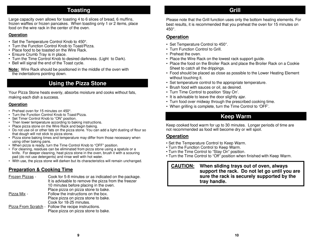 Euro-Pro JO287HL owner manual Toasting, Using the Pizza Stone, Grill, Keep Warm, Preparation & Cooking Time 