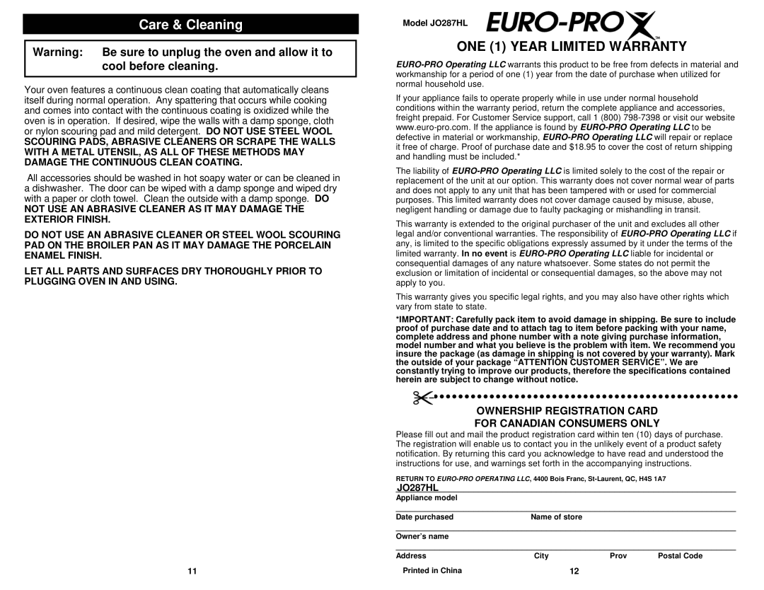 Euro-Pro JO287HL owner manual Care & Cleaning, Ownership Registration Card For Canadian Consumers only 