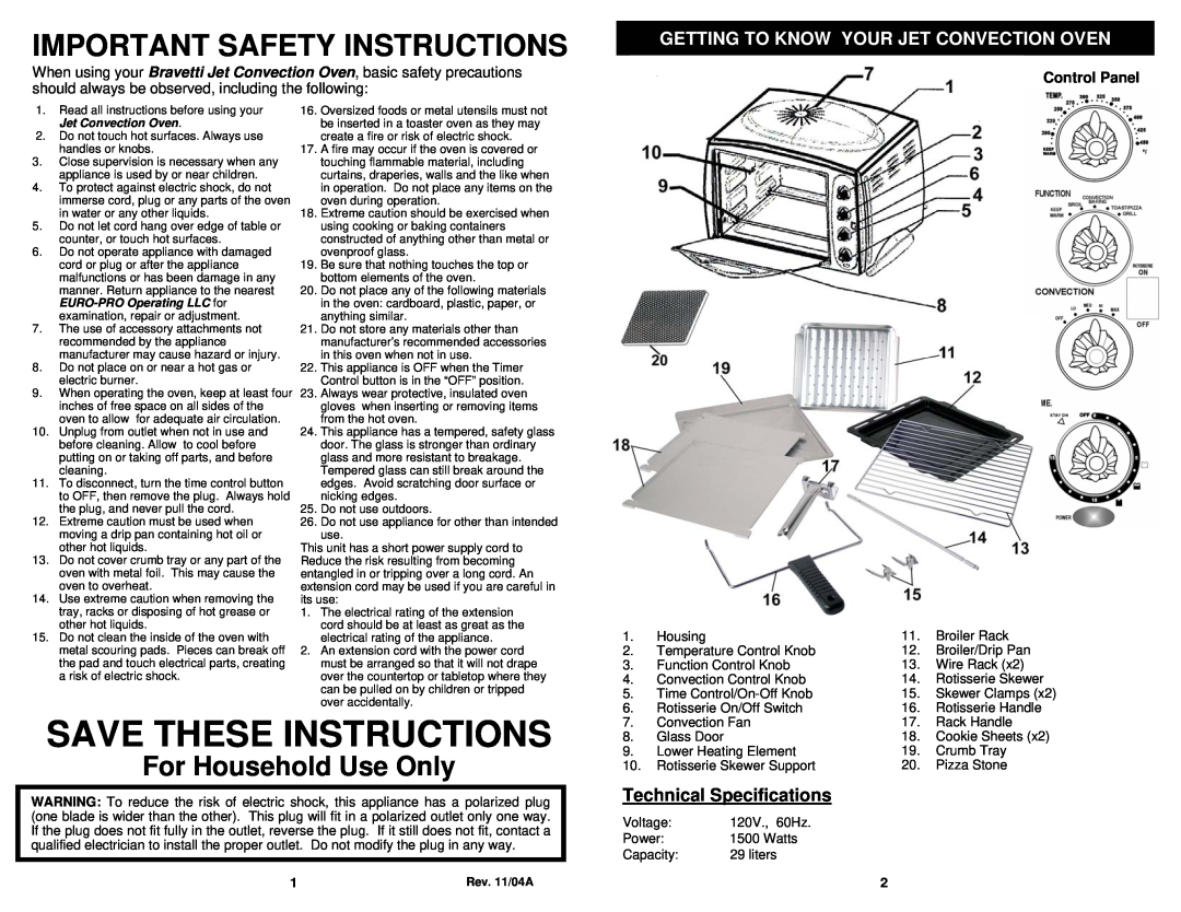 Euro-Pro JO287HL Save These Instructions, Important Safety Instructions, For Household Use Only, Technical Specifications 