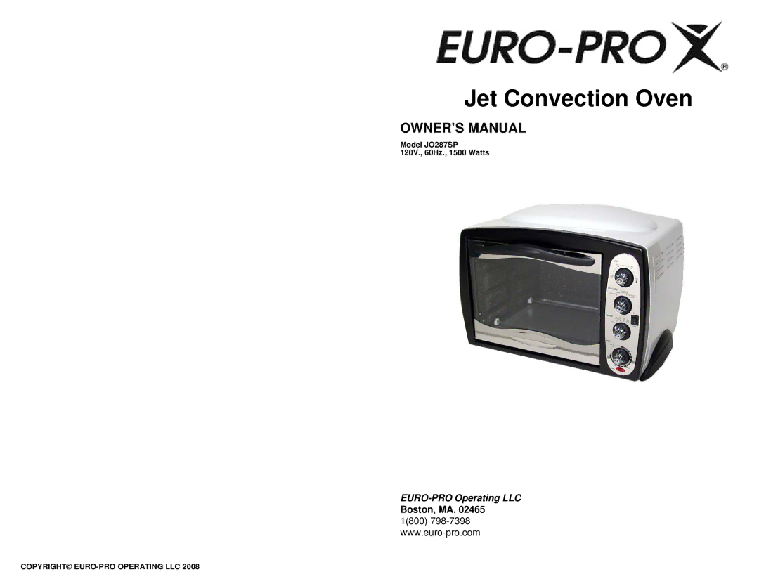 Euro-Pro JO287SP owner manual Jet Convection Oven 