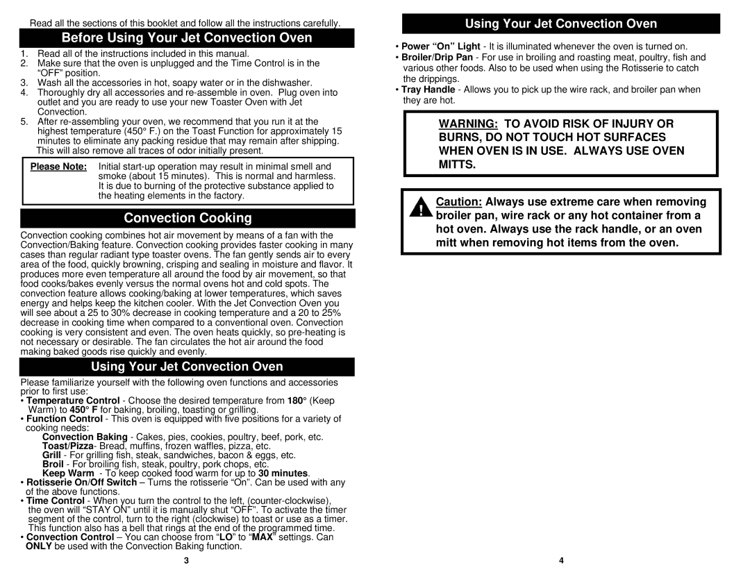 Euro-Pro JO287SP owner manual Before Using Your Jet Convection Oven, Convection Cooking 