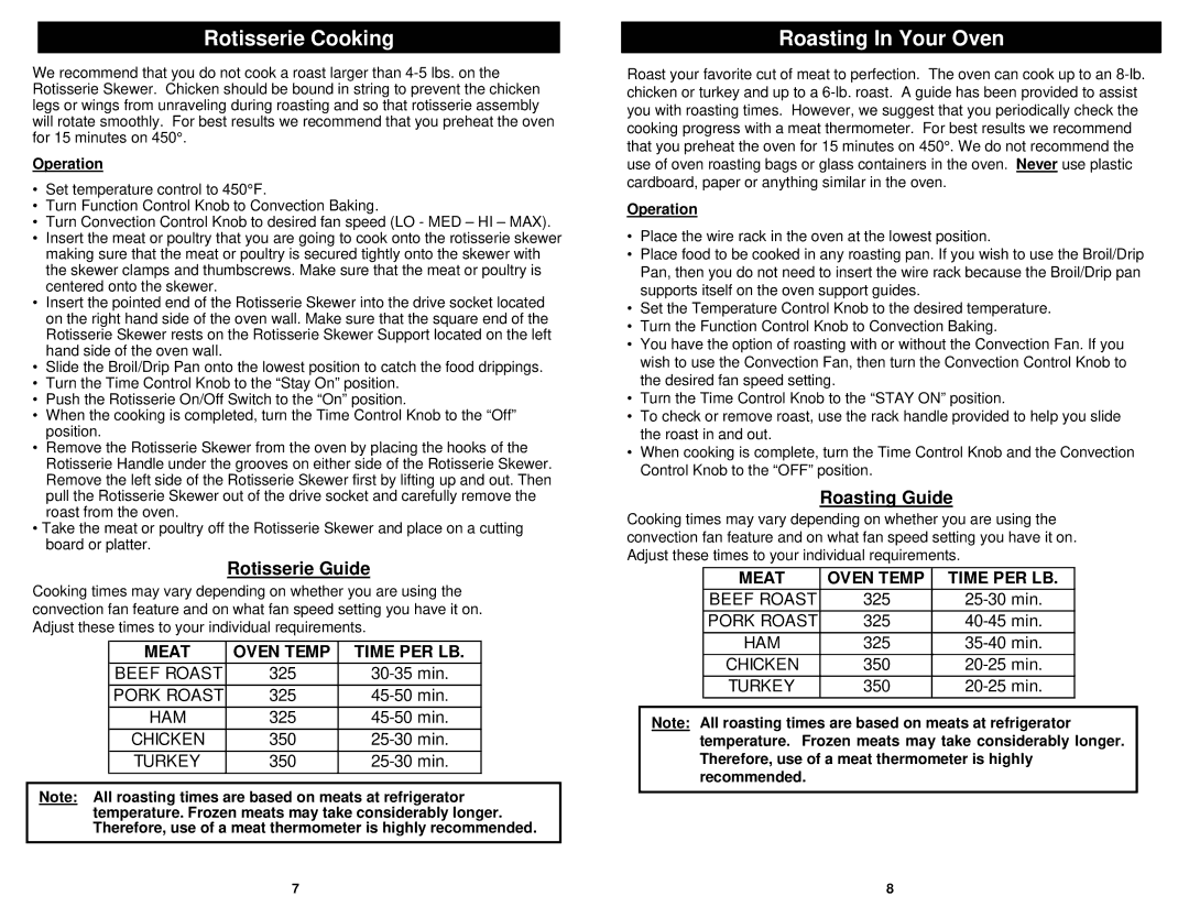 Euro-Pro JO287SP owner manual Rotisserie Cooking, Roasting In Your Oven, Rotisserie Guide, Roasting Guide, Operation 