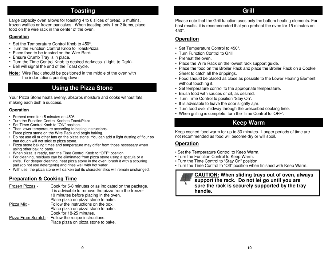 Euro-Pro JO287SP owner manual Toasting, Using the Pizza Stone, Grill, Keep Warm, Preparation & Cooking Time 