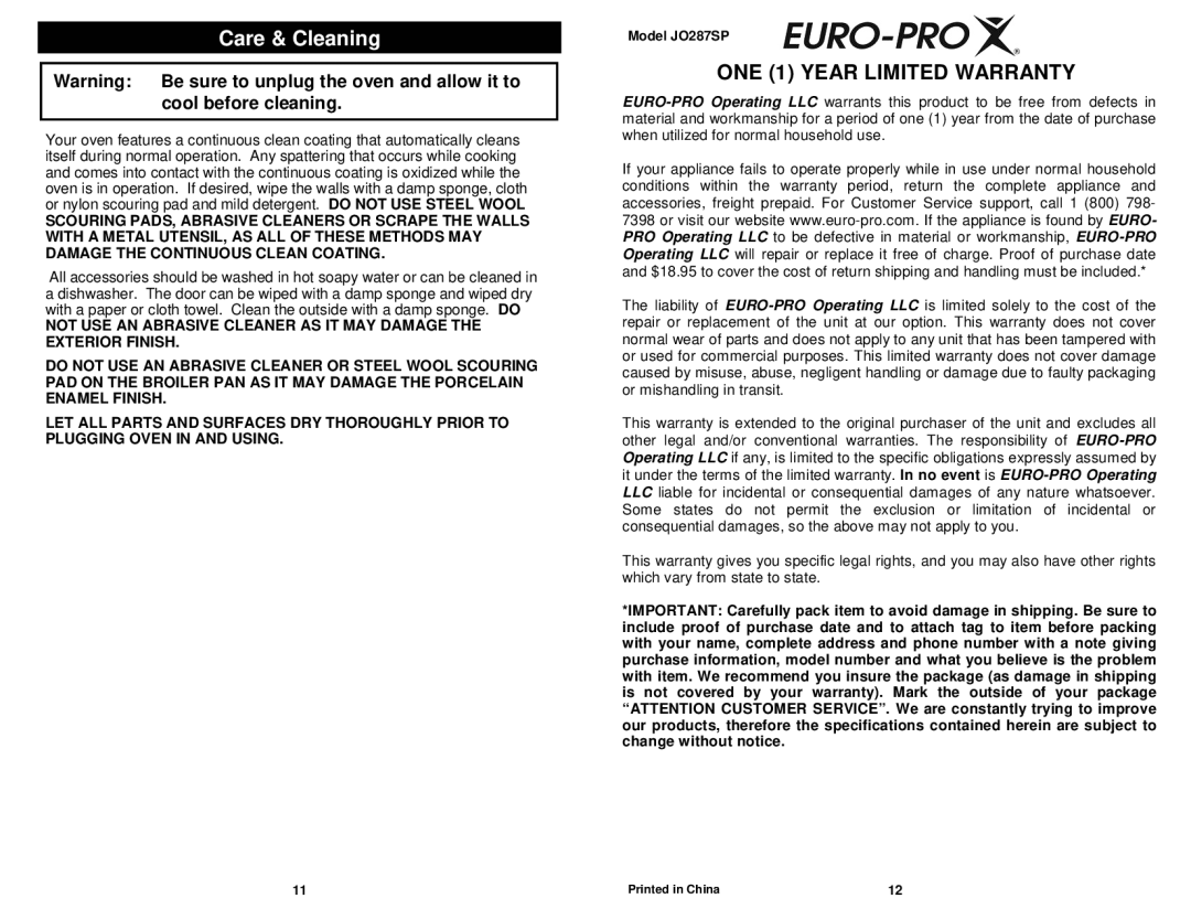 Euro-Pro JO287SP owner manual Care & Cleaning, ONE 1 Year Limited Warranty 