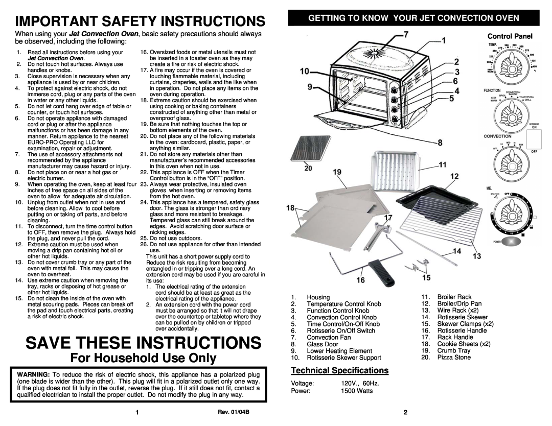 Euro-Pro JO287SP owner manual Save These Instructions, Important Safety Instructions, For Household Use Only, Control Panel 