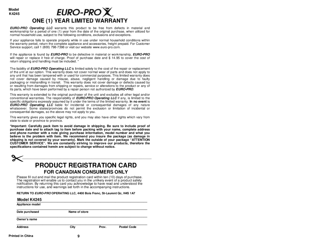 Euro-Pro K4245 owner manual Product Registration Card 