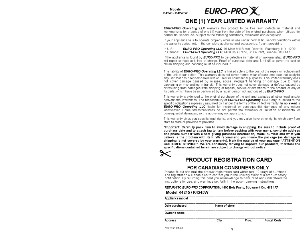 Euro-Pro owner manual ONE 1 Year Limited Warranty, Model K4245 / K4245W 